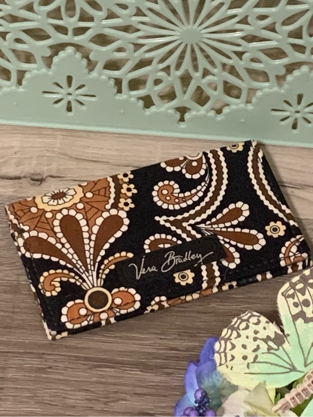 ❤️ Vera Bradley Cafe Latte Card Holder - Black & Brown Paisley Wallet